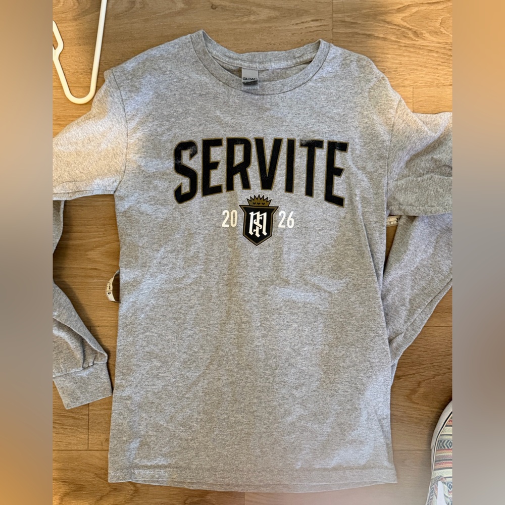 Gildan Servite Gray Long Sleeve Tee with Black Print